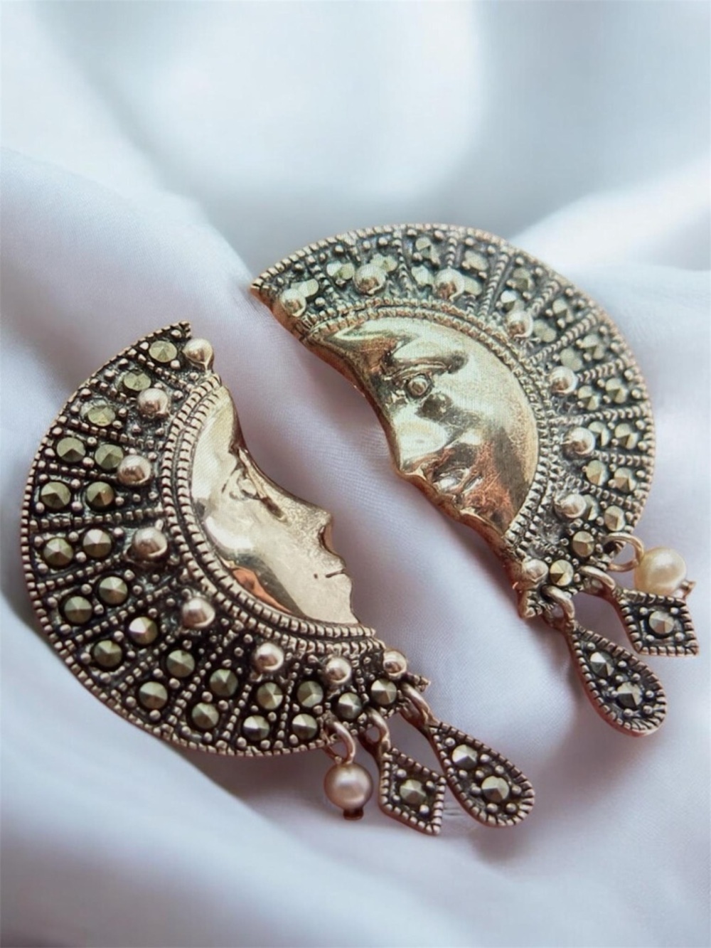 Vintage Suspicion Marcasite Sterling Silver Moon Goddess Earrings Pierced